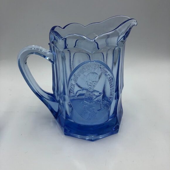 Vintage Tiara Blue Glass Pitcher and 2 Glass Set Jack and Jill Nursery Rhymes - Picture 6 of 16
